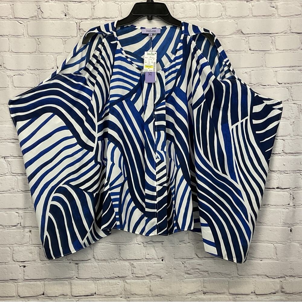 Premise Top Women's Sz S Multicolor Geometric Print Cold Shoulder Flutter Sleeve